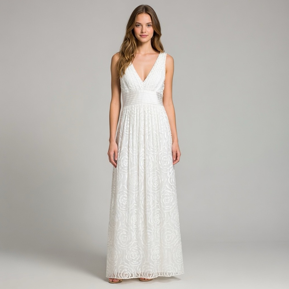 BCBGMaxAzaria Sz 2 Vintage White Ivory Gown Embroidered Floral Silk Maxi Dress - Picture 3 of 17